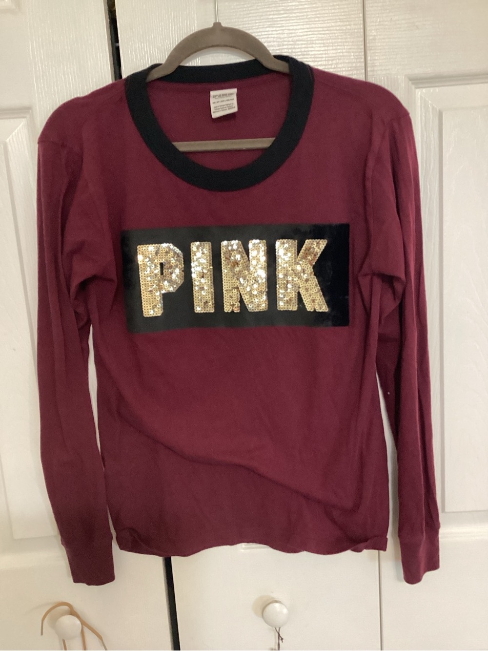 PINK Victoria's Secret Burgundy Long Sleeve Top with Gold Sequin Logo